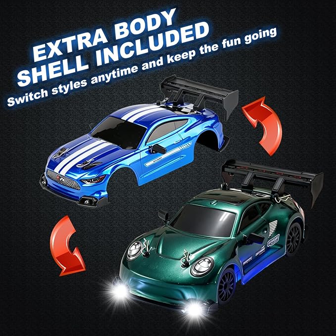 1:24 RC Drift Car, 20KM/H 4WD High Speed Remote Control Car with 2 Batteries, Extra Body Shell, Drift Tires, 10 Cones & LED Lights, 2.4GHz Racing Car Toy for Boys Girls.