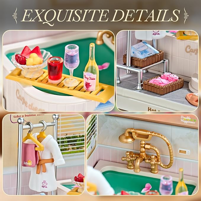 Miniature Hot Spring Spa DIY Bathroom Kit with Acrylic Display Case – Relaxing Bath Dollhouse Room Craft Set, Tool-Free Mini House for Teens, Adults & Beginners