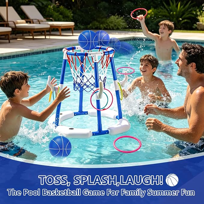 Pool Basketball Hoop with 4 Balls & 12 Rings, 2-in-1 Floating Pool Toys for Kids Adults, Water Game for Indoor Outdoor Swimming Backyard Party, Portable Summer Gifts for Boys Girls Ages 8-12, Blue