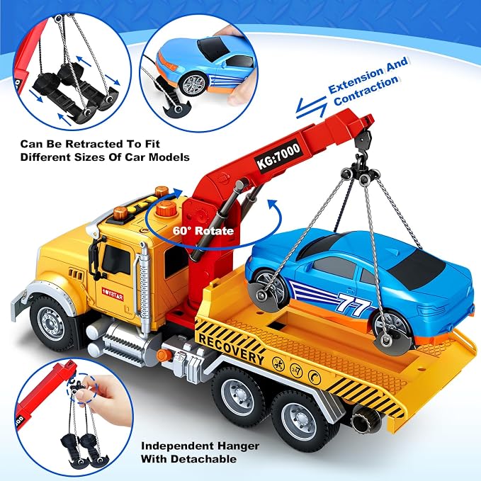 SpringFlower 15" Large Tow Truck Toy, Toy for 3 4 5 6 Years Old Boy Toddlers, Truck Vehicle with Racing Car, Traffic Signs, Working Hook, Light Sound, Birthday Gifts for Boys & Girls