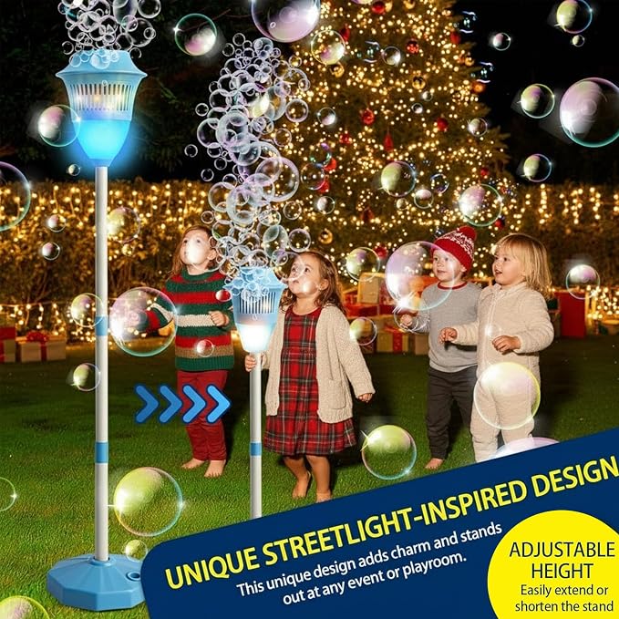 Automatic Bubble Machine with LED Lights & Music, Tall Rechargeable Bubble Maker for Kids, Adjustable Height 47 Inches Outdoor Bubble Stand Machine for Birthday Party, Wedding, Garden, Camping