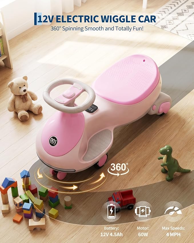 12V Electric Wiggle Car for Kids 2-in-1 Swing Car 360 Steering Pedal Ride | PP Plastic Body,Indoor Outdoor Play,Kids Activity Toy,Preschool Riding Fun,Low Gravity Design,Family Entertainment