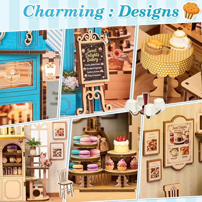 DIY Miniature Dollhouse Kit - 3D Wooden Puzzle for Adults, Illuminated Bakery Model Craft Kit with LED Light, Creative Diorama Room Decor & Hobby Gift,Little Bake Shop