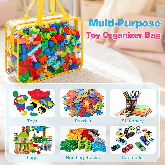 Toy Storage Bags, Large capacity Toy Organizers and Storage, Plastic Waterproof Zip Pouches with Labels for Lego, Puzzle, Building Blocks, Board Game, Magnatiles Organizer, Clear Toiletry Bag (4)