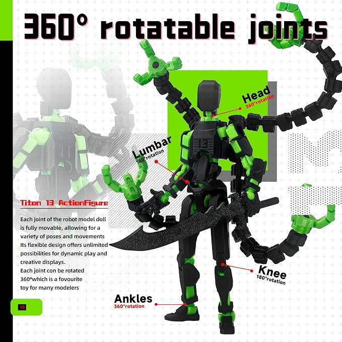 Already Assembled T13 Action Figure Accessories, T13 Multi-Jointed Movable,for Collectors Desktop Decorations t-13 Movability 3D Printed Toys (Black Green, 5.5inch)