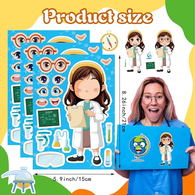 24 Sheets Science Stickers, Make-a-face Sticker for Kids Make Your Own Science Stickers, Laboratory Sticker Decals, Chemistry, Biology, Physics, Classroom Decor for School Teacher
