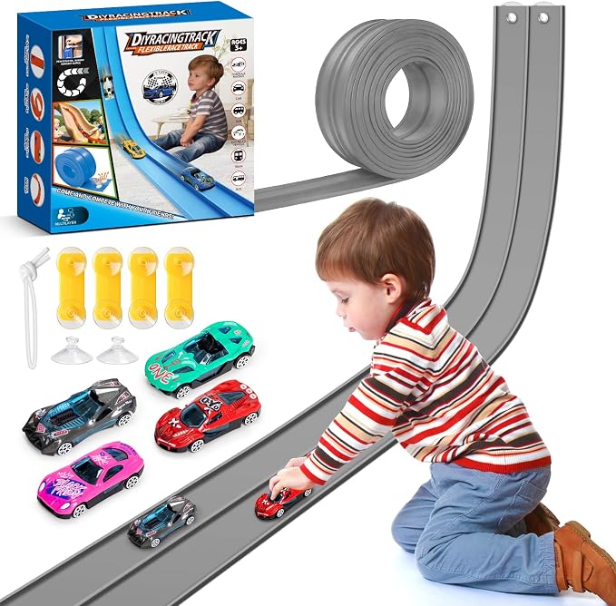 15Ft Flexible Race Car Track for Kids with Suction Cups Compatible with Diecast 1/64th Cars for Ages 3 & Up Blue Gray Orange Red Classic Long Rolls Up Portable Racetrack (Gray)