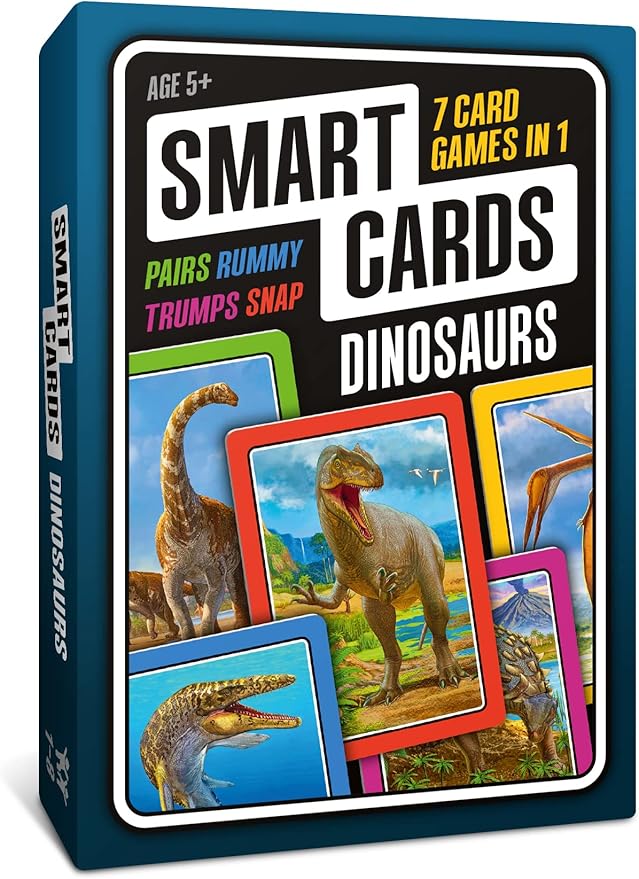 SMART CARDS DINOSAURS Card Game - Matching Pairs, Snap, Trumps, Rummy, Happy Families (7 Games To Play) | Travel Game, Gift, Stocking Stuffer | for Adults, Kids, Boys, Girls | Age 5+, 1-8 Players