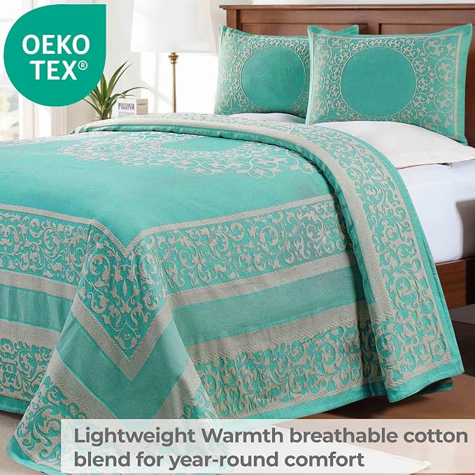 Superior Cotton Blend Bedspread Set, Includes 1 Tailored Bedspread and 1 Matching Pillow Sham, Lightweight Blanket, Bedding Decor, Jacquard Vintage Floral Mandala, Lyron Collection, Twin, Turquoise