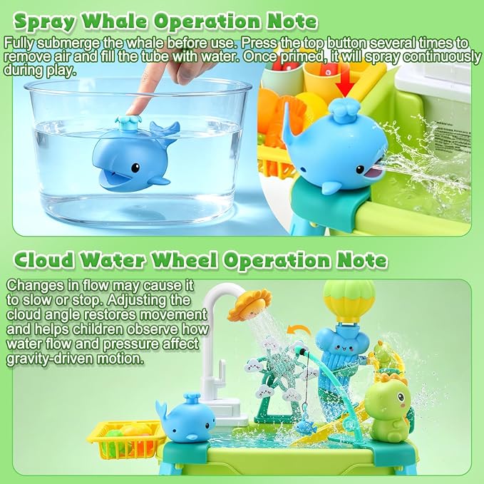 CUTE STONE Toddler Water Table for Kids, Kitchen Sink Toy with Running Water & Fishing Game,Water Play Table for Backyard Beach Pool, Summer Gifts for Boys Girls-Dinosaur