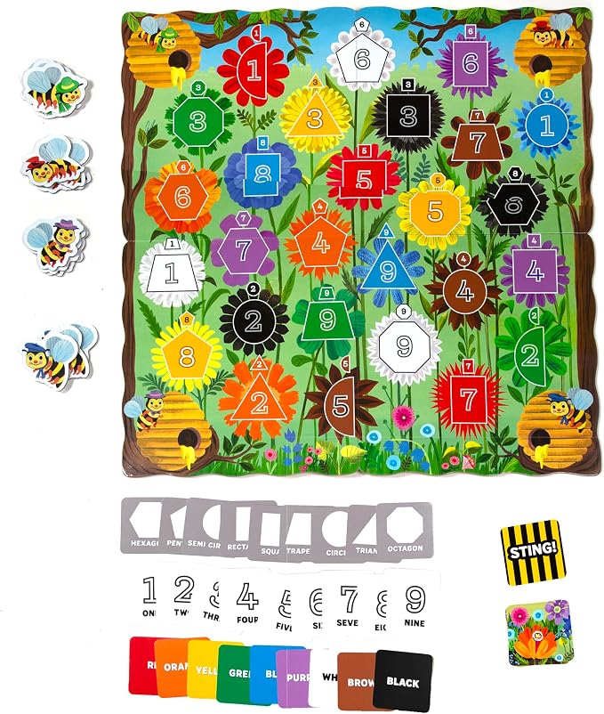 eeBoo: Bouncy Bees Board Game, Learn Colors Numbers and Shapes, Strategy Game for 2-4 Players, Screen-Free Fun, Kids Ages 3 and up