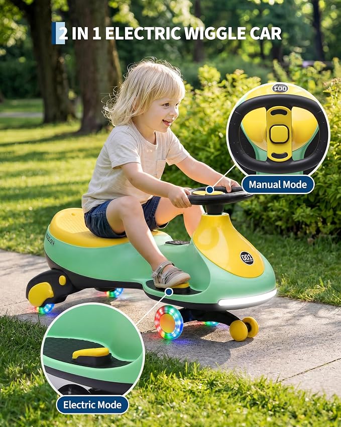 Garvee 12V Electric Wiggle Car for Kids, 2 in 1 Swing Car with Pedal, Anti-Rollover, Max Load 130Lbs,Flashing Wheels, Music,Rechargeable Battery Ride on Toy Indoor Outdoor for Toddlers, Green