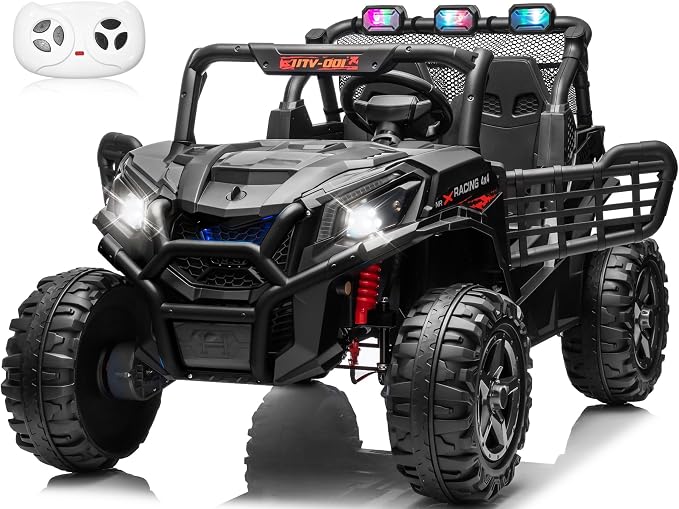 24V 2-Seater Ride On Car Truck w/4x200W, 20" Spacious Seat, 4WD/2WD Switchable, 5 Mph Max Speed, Rainbow Lights, Remote Control, Soft Start, Storage, Electric Car for Kids Ages 3-8, Black