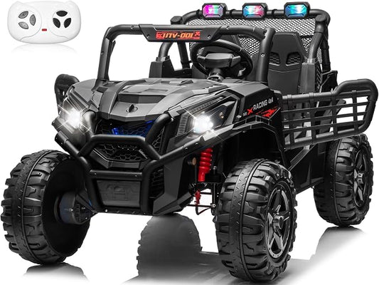 24V 2-Seater Ride On Car Truck w/4x200W, 20" Spacious Seat, 4WD/2WD Switchable, 5 Mph Max Speed, Rainbow Lights, Remote Control, Soft Start, Storage, Electric Car for Kids Ages 3-8, Black