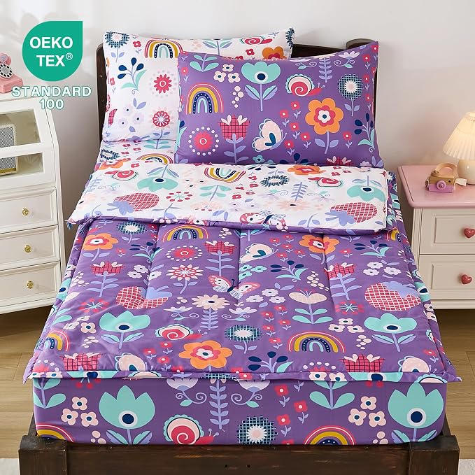 DJY Zipper Bedding Set Full, Purple Floral Bedding Sets for Girls, Kids Comforter Set with Fitted Sheet Pillowcases, All in One Zipper Bed Set for All Seasons