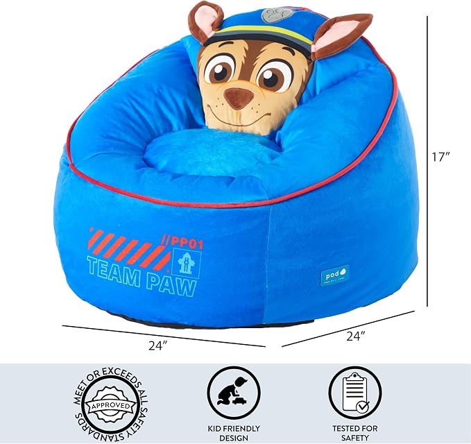 Idea Nuova Paw Patrol Chase Hillside by pod Plush Kids Bean Bag Chair, 24" Wx24 Dx17 H