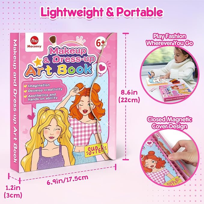 Mocoosy Makeup Art Craft for kids Ages 4-8, Pretend Play Makeup Coloring Activity Book with Stickers, Fashion Design Sketchbook, Travel Game Airplane Car Road Trip Toy Birthday Gift for Girl 5 6 7 8 9