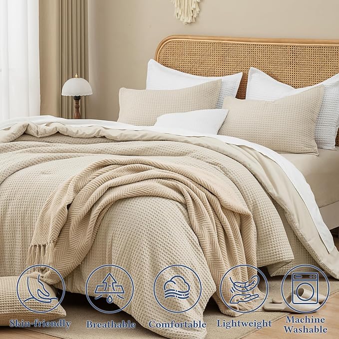 David's Home Waffle Weave Comforter Set 3PCS California King Size, Soft Breathable Lightweight Skin-Friendly Warm for All Season, Elegant Aesthetic Home Decor Bedding Set with Pillow Shams, Linen