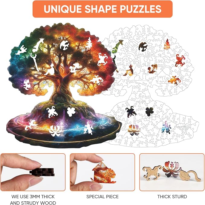 MEATRN Glowing Tree of Life Wooden Puzzles - 200 Pieces Fantasy Forest Nature Landscape, Irregular Shape Wood Jigsaw Puzzle for Adults, Educational Puzzles for Family Game, 10.5x11.4 in