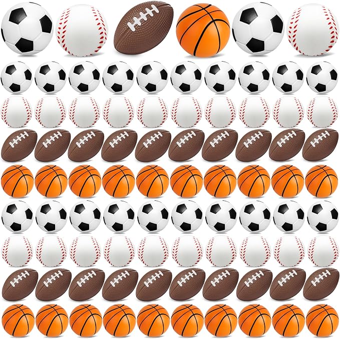 96 Pieces Sports Stress Balls for Kids Mini Footballs Ball, Soccer, Basketball, Baseball Foam Squeeze Stress Balls for Anxiety Relief Relaxation, Sport Party Favor Class Prize Birthday Pet Toys