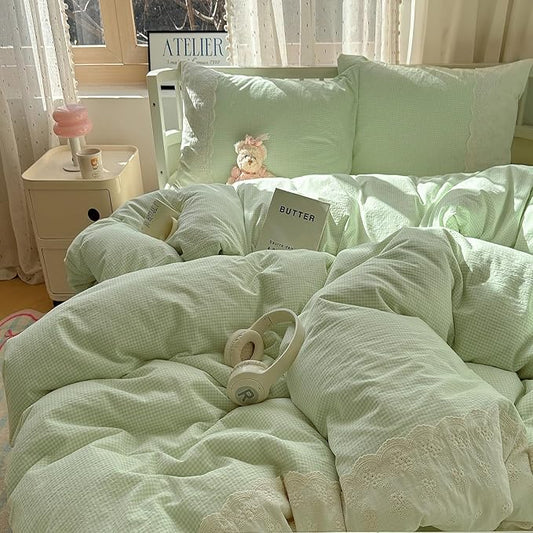 LifeTB Green Gingham Comforter Set Full Size Princess Lace Style Vintage Plaid Checkered Comforter Chic Gingham Farmhouse Bedding Set Lightweight Fluffy Soft Green Plaid Grid Comforter Set Full