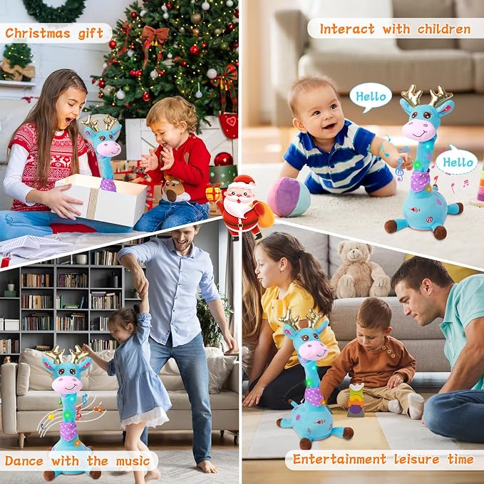 LUKETURE Dancing Talking Singing Blue Giraffe Stuffed Plush with Golden Antlers,Interactive Stuffed Animal Toy, Musical Plush with Record & Repeat, Sings 10 Songs, LED Lights