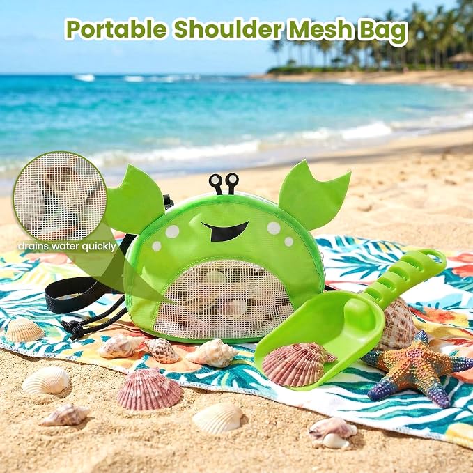 AMOR PRESENT Mesh Baby Beach Bag, Shell Collecting Bag with Shovel Crab-Shaped Adjustable Strap for Holding Shell Sea Pool Sand Toy, Green