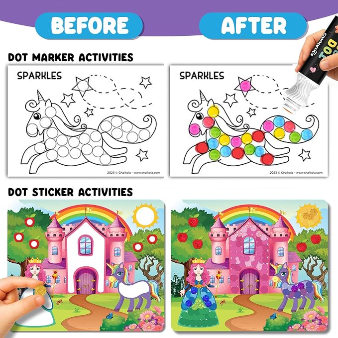 Chalkola Dots of Fun - 8 Washable Dot Markers + Dot Art Sticker Activity Kit | Toddler Art & Craft Supplies for Kids, Stocking Stuffers, Gifts for Boys & Girls Ages 3, 4, 5, 6, 7 Year Old
