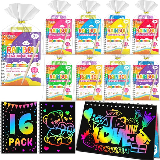 Scratch Paper Art Party Favors for Kids: 16 Pack Rainbow Scratch Notebook, Goodie Bags Stuffers Coloring Books Party Favors for Kids 3-12, Bulk Classroom Birthday Gifts for Student