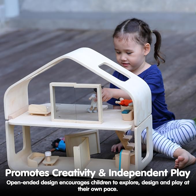 PlanToys® Contemporary Wooden Dollhouse | 2-Story Modular Doll House with Adjustable Walls, Furniture Set & Open Layout | Pretend Play Dollhouse Compatible with 1:12 Scale Accessories
