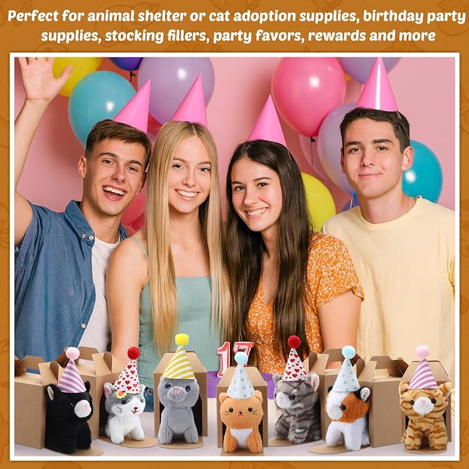 10 Set Kittens Stuffed Animals Bulk with 10 Birthday Hats 10 Kraft Paper Boxes Mini Plush Toys Small Stuffed Cat Pet Gifts for Kids, School Birthday Animal Decor(Cute Style)