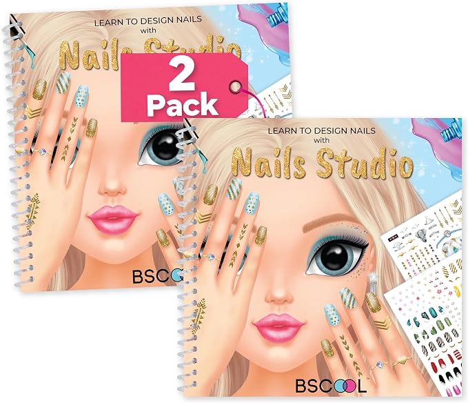 BSCOOL Nails Studio Learn to Design Nails Activity Book for Girls Ages 5+ – 2 Pack – Nail Art Sticker Design Book with Guides – Creative Birthday Gift for Kids