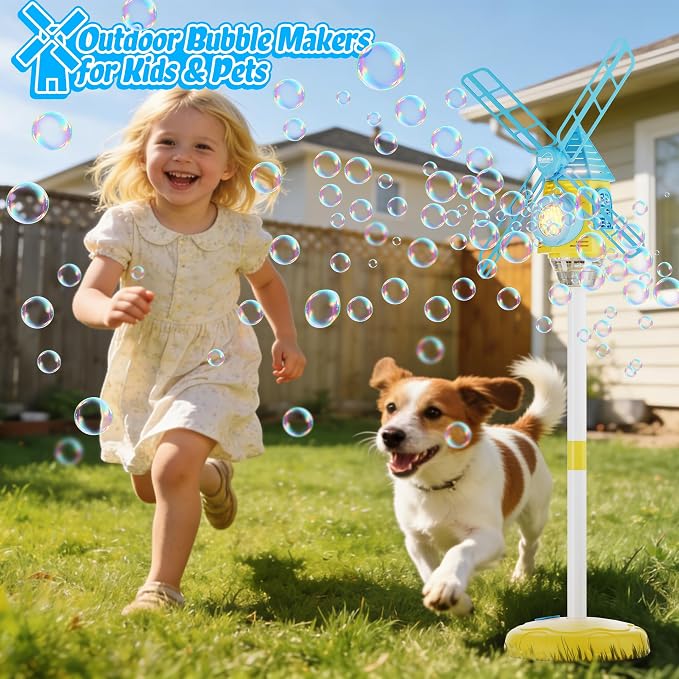 Belemar Windmill Bubble Machine Toys for Kids & Boys, Standing Bubble Blower with Lights & Music, 51" Adjustable Height, 130ml Tank, Bubble Solution Included, Outdoor Toy for Parties & Birthdays