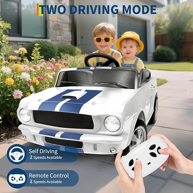 Garvee 24V 2 Seater Ride on Licensed Shelby GT350, Battery Powered Ride on Toys for Kids with Remote Control, Ford Shelby Kids Electric Vehicle 2 Seat, Safety Belt, 2 Speeds, LED Lights, White