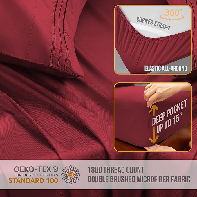 Abeero Home Queen Sheet Set - Luxury Hotel Bed Sheets - Soft Cooling Sheets with Elastic Corner Straps - Deep Pockets Microfiber Bedsheet - Bedding Sheet & Pillowcases - 4 PC (Queen Size, Burgundy)