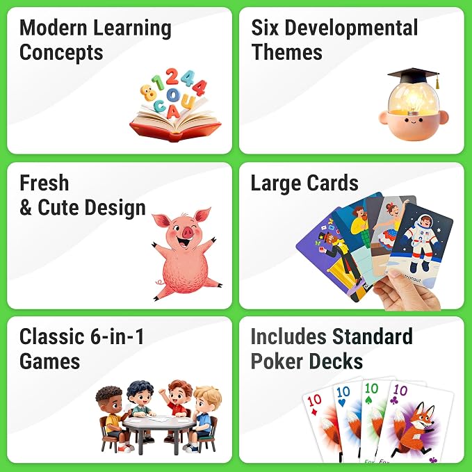Educational 6 in 1 Kids Card Games, Alphabet & Simple Math, Large Cards | 6 Themes Designed With Mordern Education Concepts, Go Fish, New Old Maid, Gift for Kids 4+, Card Holders Included