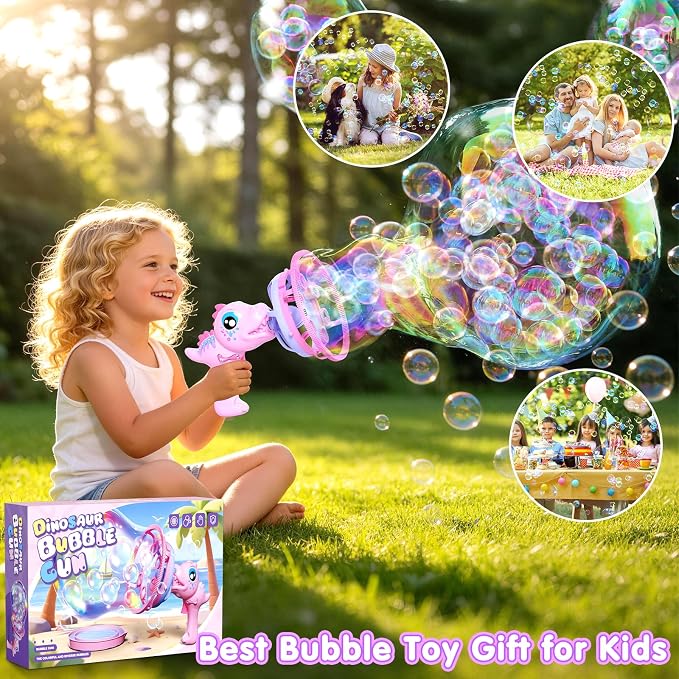 IFLOVE Pink Dinosaur Bubble Gun for Kids, Bubble Machine Toy with Bubble-in-Bubble Effect, 1000+ Bubbles/Min Outdoor Party Favor Gift for Girls Ages 3-8