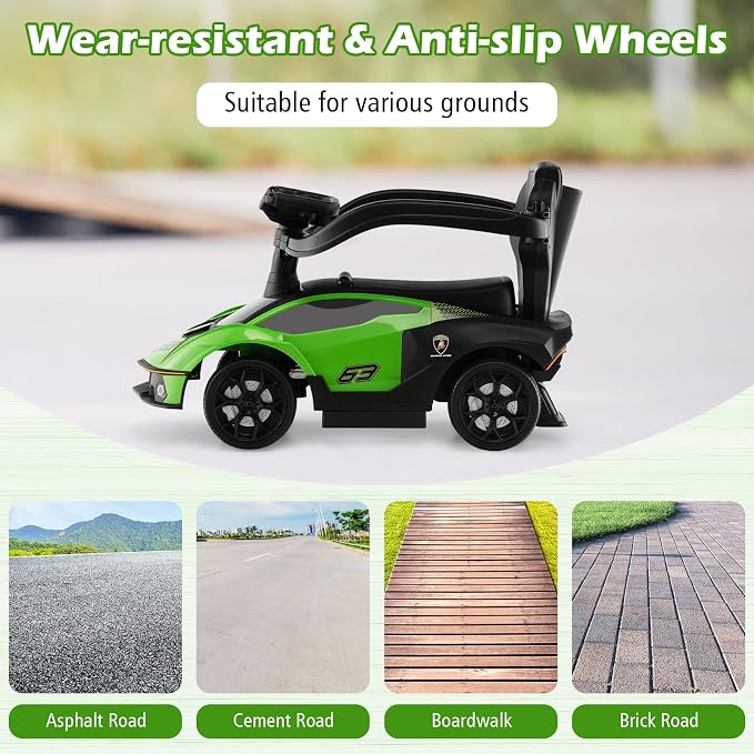 Costzon Push Cars for Toddlers, 3 in 1 Licensed Lamborghini Stroller Sliding Walking Car w/Handle, Armrest Guardrail, Underneath Storage, Horn, Foot-to-Floor Ride On Toy for Boys Girls (Green)