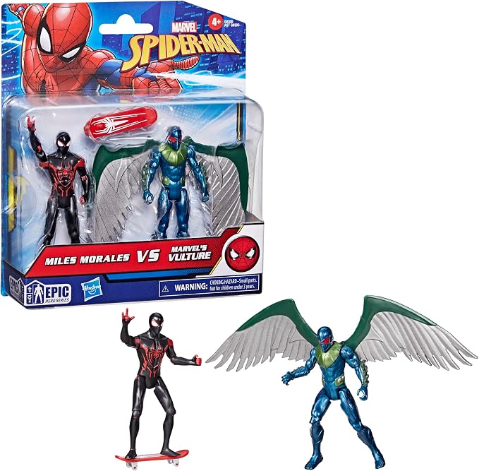 Spider-Man Epic Hero Series Miles Morales vs Marvel’s Vulture 4-Inch (10 cm) Action Figure Set & Accessory, Marvel Super Hero Toys, Kids Ages 4 & Up