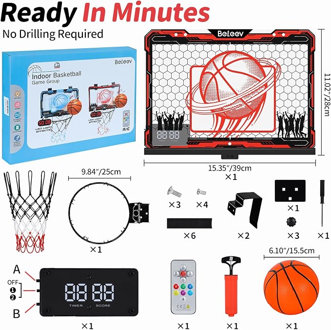 BELEEV Indoor Mini Basketball Hoop with LED Lights, Electronic Scoreboard & Sounds, Over The Door Basketball Hoop for Kids, Ball & Pump Included, Indoor Sports Toy Gift for Boys Girls Ages 4-12 (Red)
