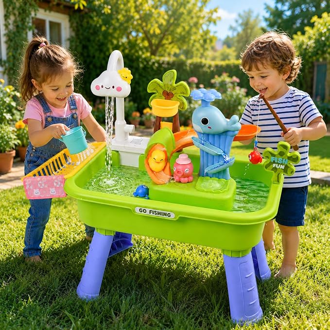 2026 Upgraded Water Table for Toddlers 1-3, Kids Sand Water Table Toy with Electric Water Pump, Kids Sand Water with Faucet/Play Food Accessories/Fishing Toy, Kitchen Play Sink Toy (Green)