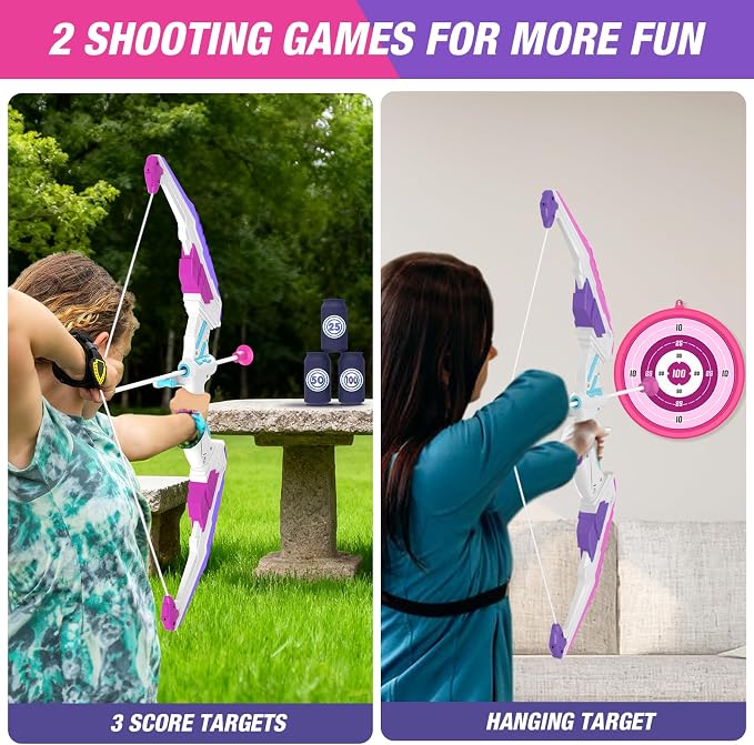 HYES 2 Pack Bow and Arrow for Kids, LED Light Up Archery Set with 24 Suction Cup Arrows, 2 Hanging Targets, 6 Score Targets & 2 Quiver, Indoor Outdoor Sport Toys for Girls Ages 4-12