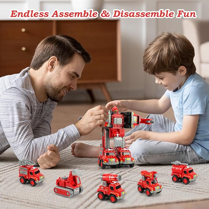 Toys for 3 4 5 6 Year Old Boys– 5-in-1 Detachable Construction Vehicles Set–Transform Robot Kids Toys Cars– Easy DIY Toys for Ages 5+ – Gifts for Boys Girls Birthday Christmas Easter