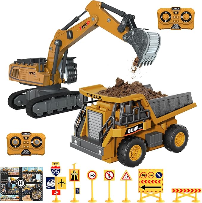 2 PCS Mini Remote Control Construction Vehicle Toy Set 1:64 Excavator and Dump Truck Toy Set with Lights Sounds & Traffic Sign & Construction Site Map Movable Parts GIFS for Kids & Adults