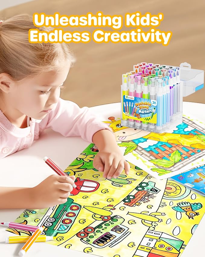 D-FantiX 36 Colors Washable Markers for Kids Ages 4-8, Stamp Markers with Coloring Books, Arts and Crafts, Airplane Car Road Trip Activities Travel Set, Art Supplies Gifts for Toddlers Girls Boys