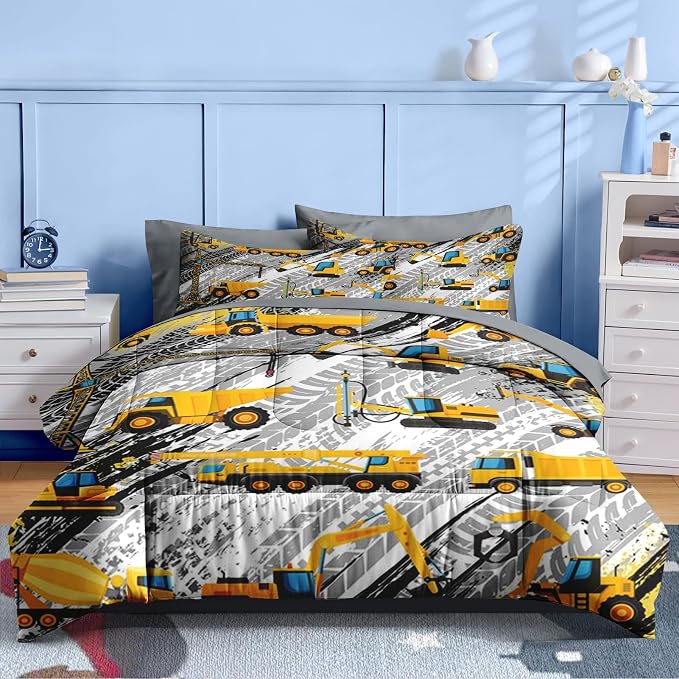 Nesker 5 Pcs Comforter Set Twin Size, Cartoon Yellow Vehicle Bedding for Kids Teen, Trucks Construction Bed Sheet with Pillowcase & Sham
