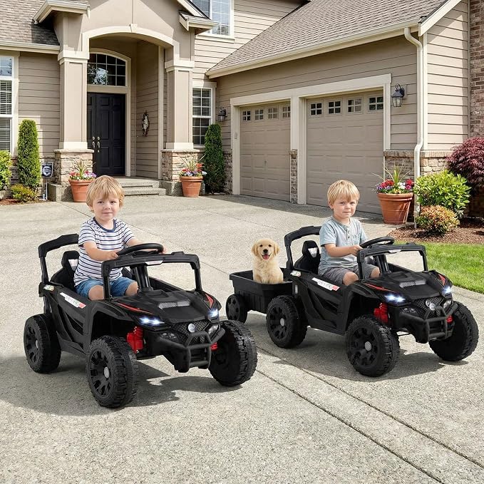 Costzon Kids Ride On UTV Car with Detachable Trailer, 12V Battery Powered Electric Vehicle with Remote Control, 3 Speeds, LED Lights, Music, Horn, Off-Road UTV for Boys & Girls (with Trailer,Black)