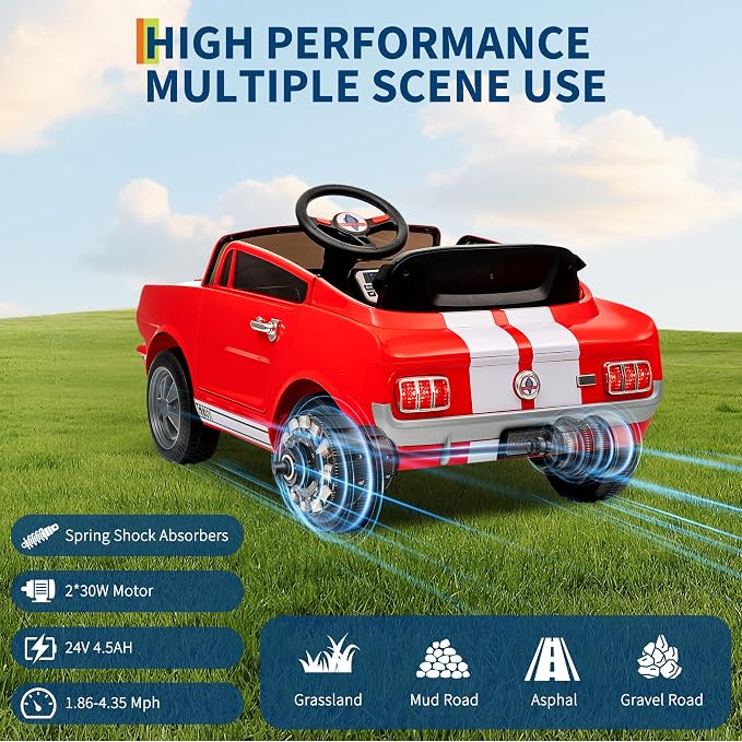 Garvee 24V 2 Seater Ride on Licensed Shelby GT350, Battery Powered Ride on Toys for Kids with Remote Control, Ford Shelby Kids Electric Vehicle 2 Seat, Safety Belt, 2 Speeds, LED Lights, Red