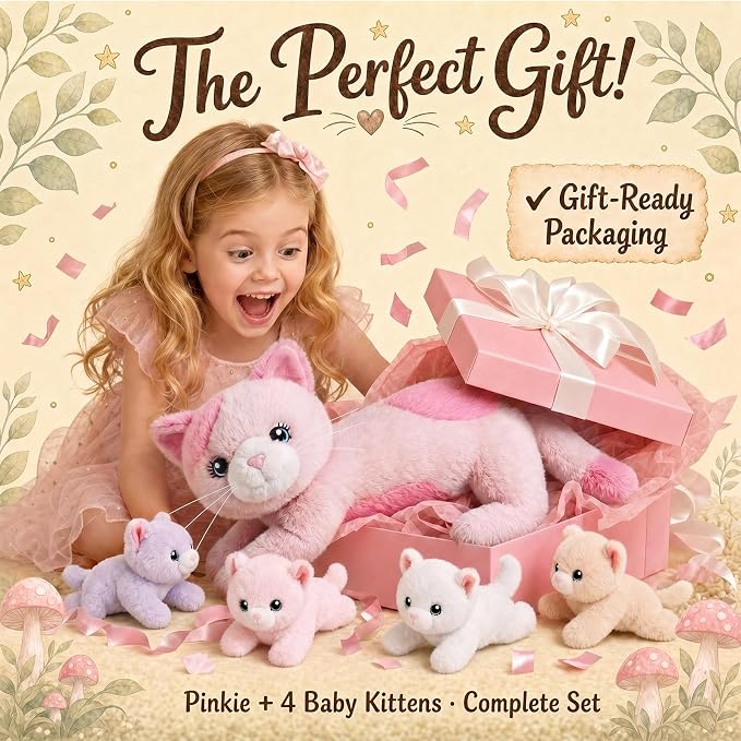 gnomantic Cat Stuffed Animals with Babies Inside, Mommy Toy for Kids | 5-Piece set: 1 mommy cat + 4 baby kittens inside. Unzip belly to reveal surprise babies. Ultra-soft, ages 3-8.