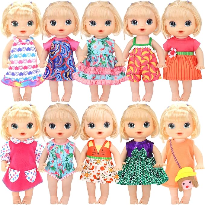 ECORELF 10 Set Alive Baby Doll Clothes, Doll Clothes and Accessories for 10-12 Inch Girl Dolls Outfits Include Cute Jumpsuit, Skirts